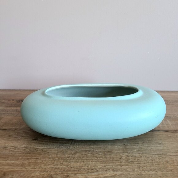 Ikebana aqua color oval flat ceramic planter. - Picture 2 of 5